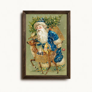 Vintage-Blauer-Weihnachtsmann-Rentier-Schlitten-Pl Poster