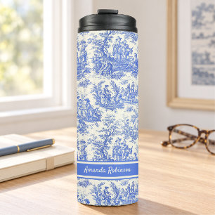 Vintage Blaues Französisches Land Toile de Jouy Thermosbecher