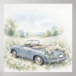 Vintage-Blaues Hochzeitsfluchtauto-Wasserfarbenpos Poster