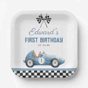 Vintage Blaues Rennwagen 1. Geburtstag Pappteller