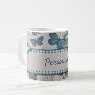 Vintage Blaues Schmetterlingsmuster Personalisiert Kaffeetasse