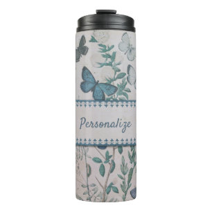 Vintage Blaues Schmetterlingsmuster Personalisiert Thermosbecher