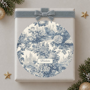 Vintage Blaues Toile-Blumen-Chic-Monogramm Runder Aufkleber