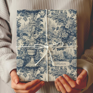 Vintage Blaues Toile-Blumenmonogramm Chic Geschenkpapier Set