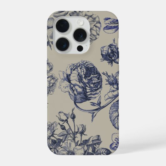 Vintage Blaues Toile mit botanischem Blumenmuster iPhone Hülle (Rückseite)