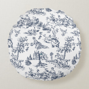 Vintage Blaues Toile-Wurfkissen Französischer La Rundes Kissen
