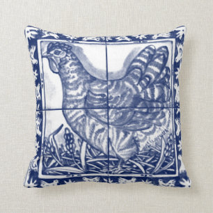 Vintage Blaues Weißen Huhn Hahn Huhn Delft Kissen