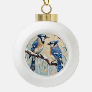 Vintage Blauhäher auf Eiszapfen-Zweig Weihnachtsku Keramik Kugel-Ornament
