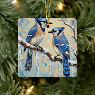 Vintage Blauhäher auf Eiszapfen-Zweig Weihnachtsku Keramikornament