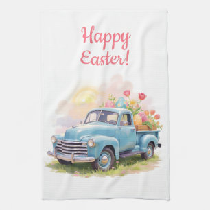 Vintage Blaulastwagen mit Ostereiern & Tulpen Geschirrtuch