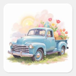 Vintage Blaulastwagen mit Ostereiern & Tulpen Quadratischer Aufkleber