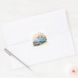 Vintage Blaulastwagen mit Ostereiern & Tulpen Quadratischer Aufkleber