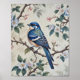 Vintage Blaumeise & Blüten Wandkunst Poster