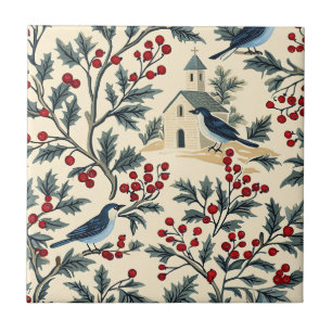 Vintage Blaumeise Stechpalme Weihnachten Creme Rot Fliese