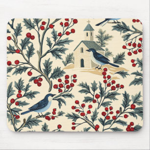 Vintage Blaumeise Stechpalme Weihnachten Creme Rot Mousepad