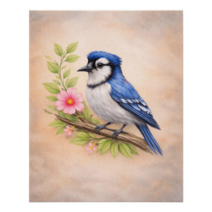 Vintage Blaumeisen Botanical Vogel Kunst Druck Pos