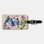 Vintage Blauvögel, violette Blumen, Beige Musik Gepäckanhänger (Vorderseite horizontal)