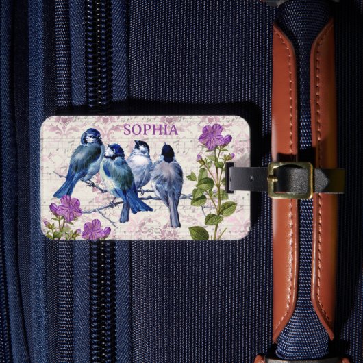 Vintage Blauvögel, violette Blumen, Lavendelmusik Gepäckanhänger (Vorderseite Insitu 4)