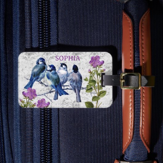 Vintage Blauvögel, violette Blumen, Noten Gepäckanhänger (Vorderseite Insitu 4)