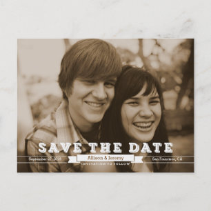 Vintage Blockbuchstaben Sepia Foto Save the Date Ankündigungspostkarte