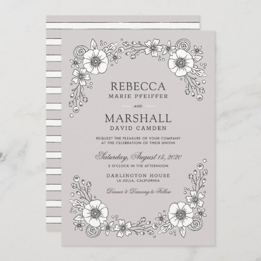 Vintage Bloms Blumenhochzeit Einladung - Grau (Vorne/Hinten)