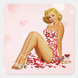 Vintage Blondine im Roten Kleid mit Herz-Squ Quadratischer Aufkleber