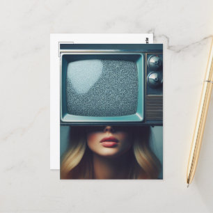 Vintage Blondine mit einem Fernseher auf dem Kopf Postkarte
