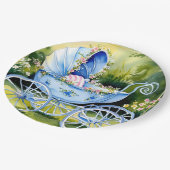 Vintage Blue Baby Carriage in Garden Bloom Pappteller (Schrägansicht)