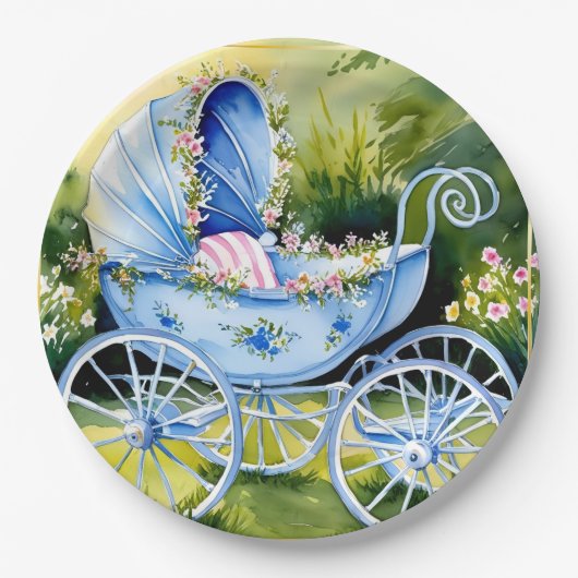 Vintage Blue Baby Carriage in Garden Bloom Pappteller (Vorderseite)
