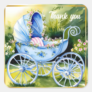 Vintage Blue Baby Carriage in Garden Bloom Quadratischer Aufkleber