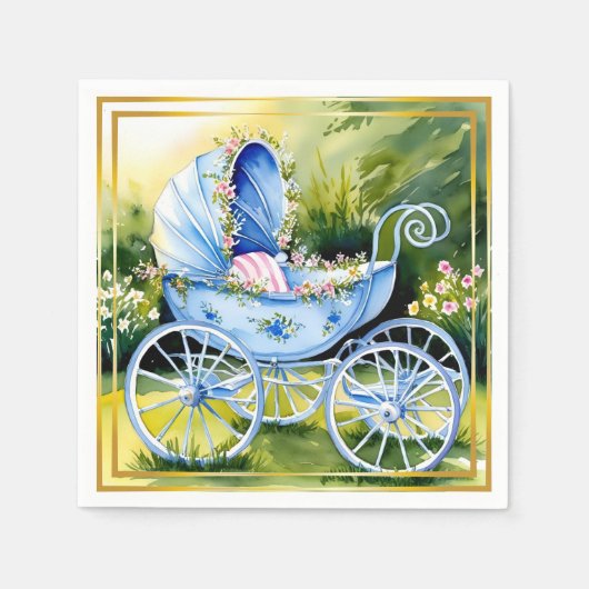 Vintage Blue Baby Carriage in Garden Bloom Serviette (Vorderseite)