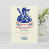 Vintage Blue Baseball Player Men's 50th Birthday Einladung (Stehend Vorderseite)