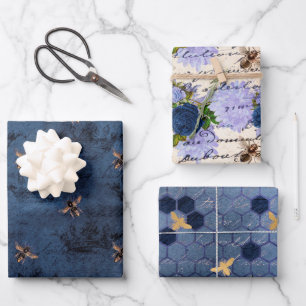 Vintage Blue Bee Blume Mix und Match Geschenkpapier Set