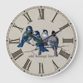 Vintage Blue Birds Illustrated Große Wanduhr