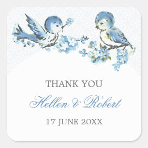 Vintage Blue Birds Winter Wedding Thank You Favor Quadratischer Aufkleber
