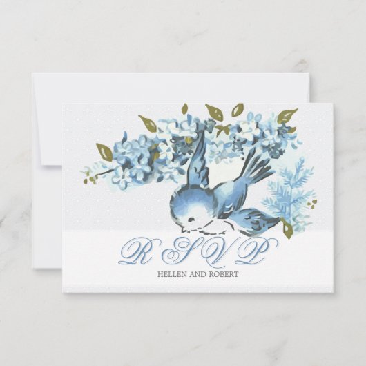 Vintage Blue Birds Winter Wedding UAWG RSVP Karte (Vorderseite)