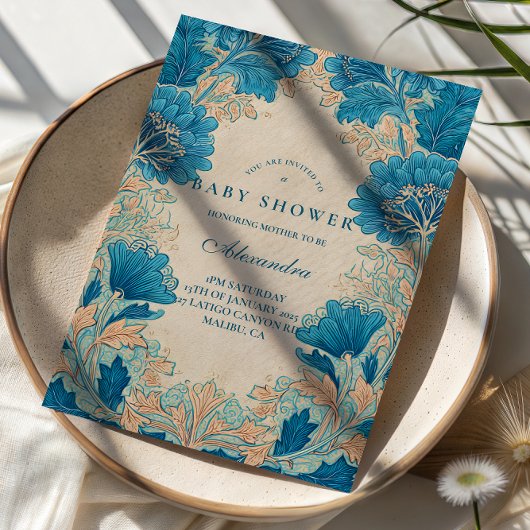Vintage Blue Botanical Baby Shower Einladung