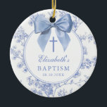 Vintage Blue Bow Floral Baptism Christening Keramik Ornament<br><div class="desc">These pretty baptism,  christening ornaments feature an elegant blue bow and stylish typography with a floral background and can be personalized with the name,  special date and photo on the reverse. Designed by Thisisnotme©</div>