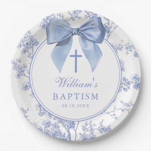 Vintage Blue Bow Floral Baptism Christening Pappteller (Vorderseite)