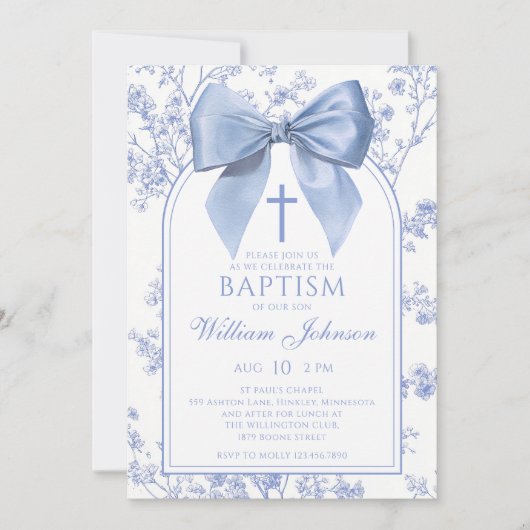 Vintage Blue Bow Floral Baptism Einladung (Vorderseite)