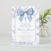 Vintage Blue Bow Floral Baptism Einladung (Stehend Vorderseite)
