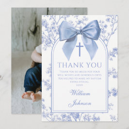 Vintage Blue Bow Floral Boy Baptism Photo Dankeskarte