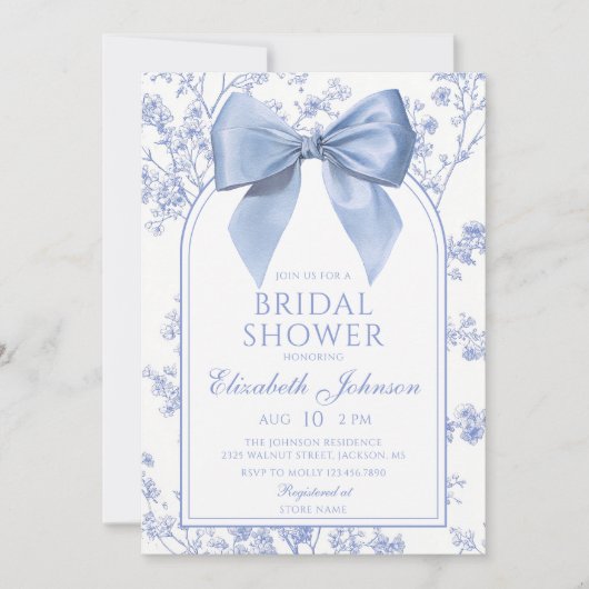 Vintage Blue Bow Floral Bridal Shower Einladung (Vorderseite)