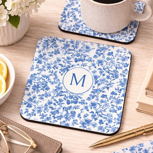 Vintage Blue Chinoiserie Monogram  Getränkeuntersetzer