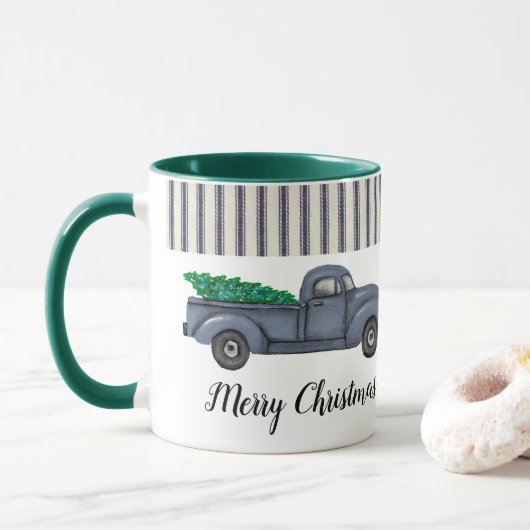 Vintage Blue Christmas Tree Truck Tasse (Mit Donut)