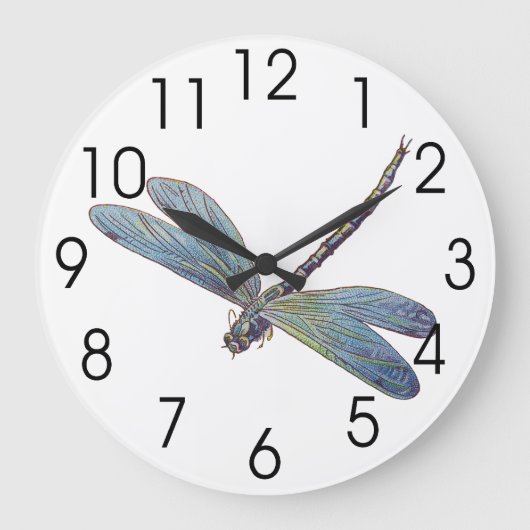 Vintage Blue Dragonfly Große Wanduhr (Vorderseite)