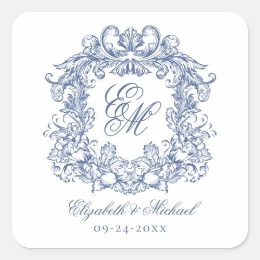 Vintage Blue Elegant Wedding Monogram Crest Quadratischer Aufkleber (Vorderseite)