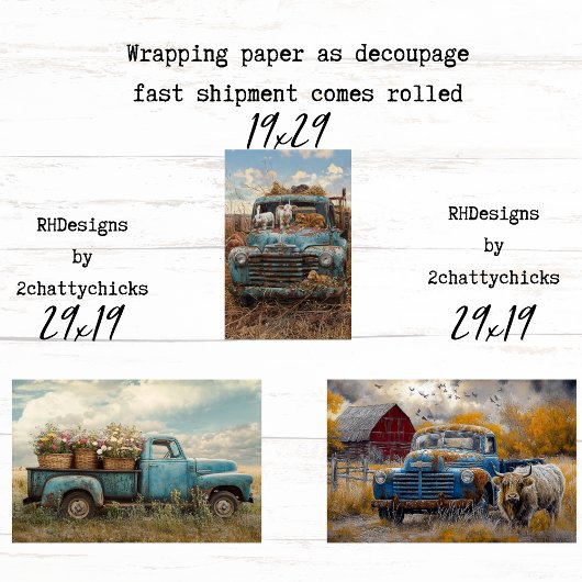 Vintage Blue Farm Trucks Decoupage Geschenkpapier Set