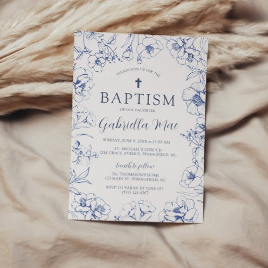 Vintage Blue Floral Baptism Invitation Einladung