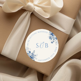 Vintage Blue Floral Round Wedding Sticker Initiale
